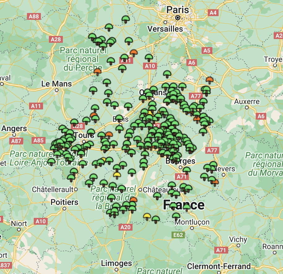 Carte girolles Centre-Val de Loire