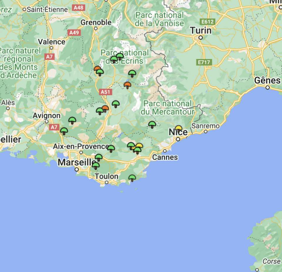 Carte girolles Provence-Alpes-Côte d’Azur