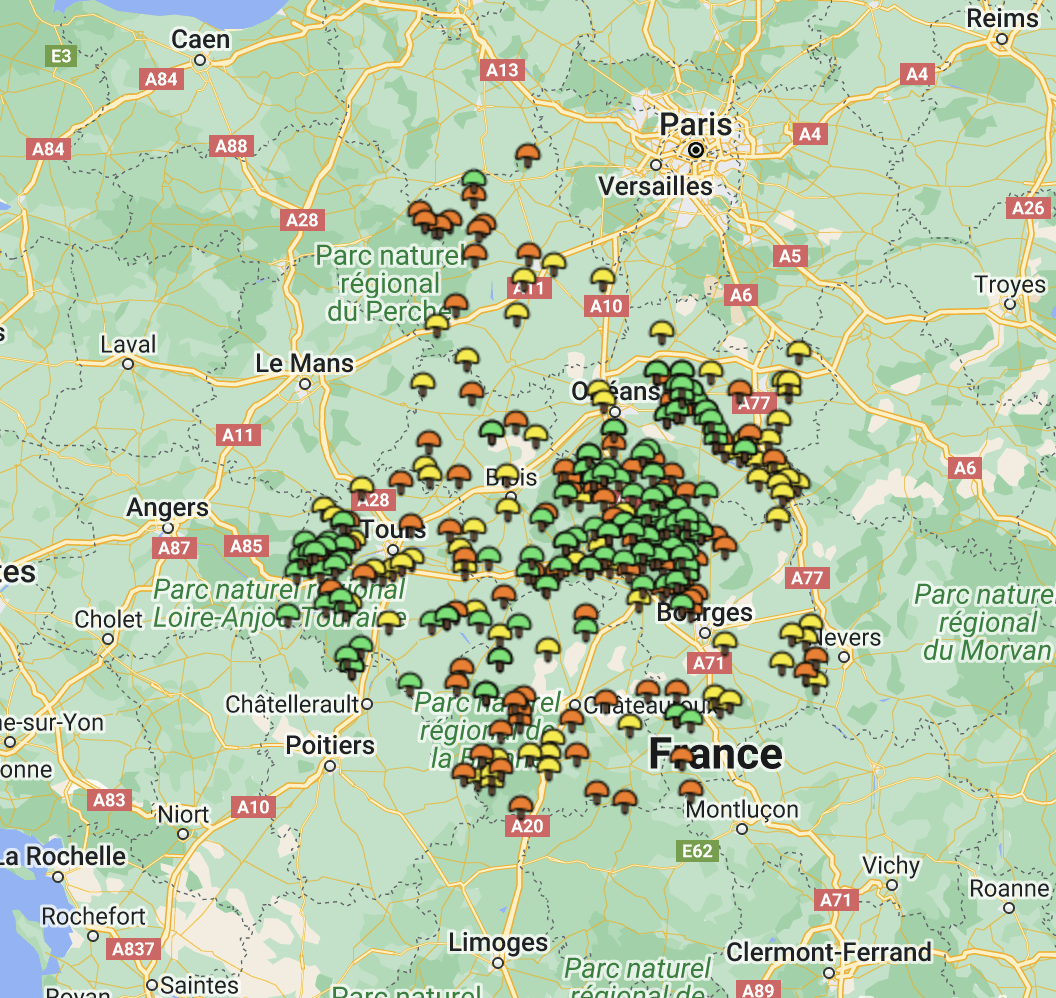 Carte cèpes Centre-Val de Loire