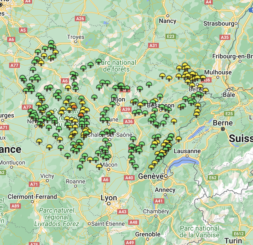 Carte cèpes Bourgogne-Franche-Comté